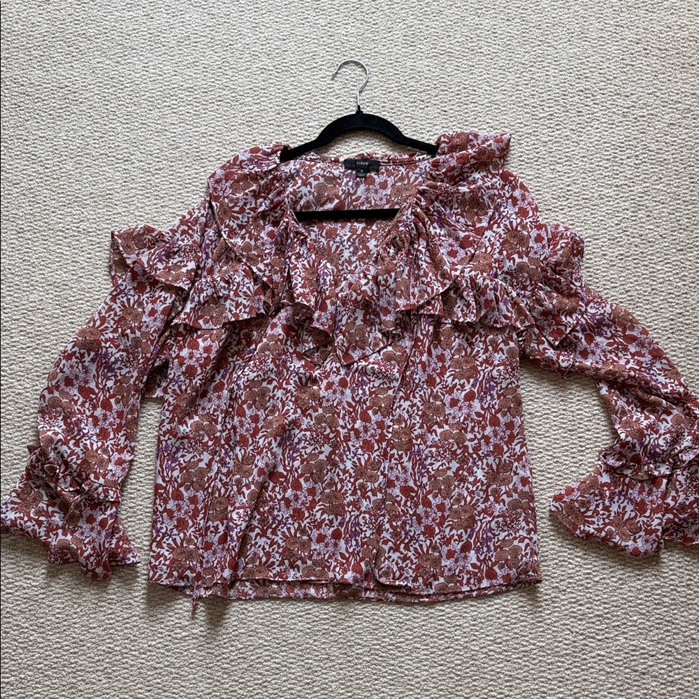 J Crew Floral Ruffle Blouse Brown, Pink, Purple, Rust colors Sz M